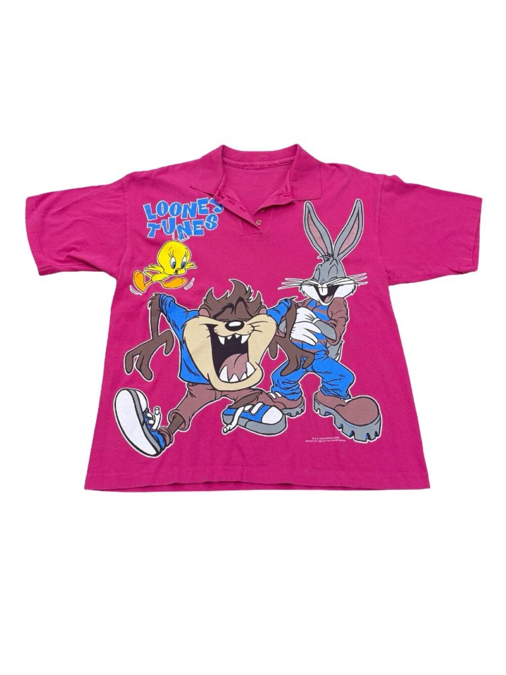 Vintage 1996 Looney Tunes All Over Graphic Polo Shirt Pink